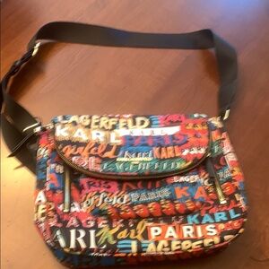 Karl Lagerfeld Red and Blue Crossbody Bag with Urban Graphic Design